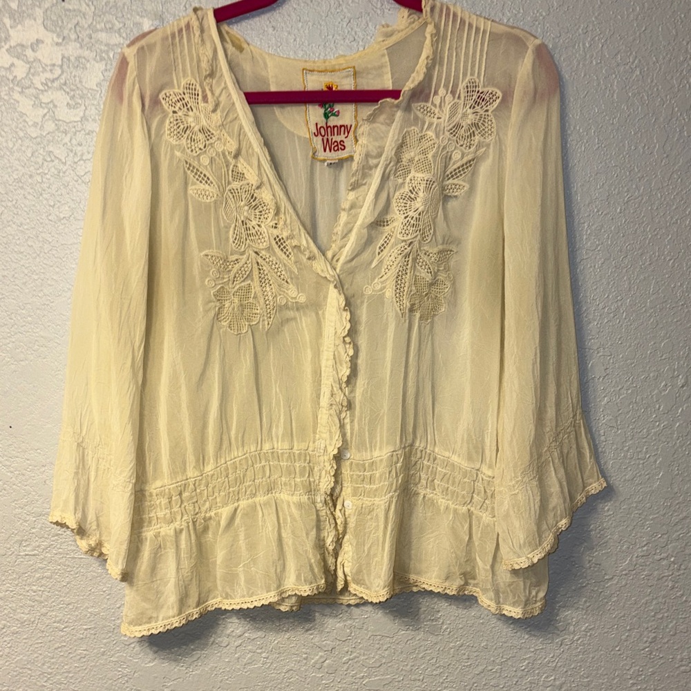 Johnny Was Cream Lace-Trimmed Embroidered Blouse